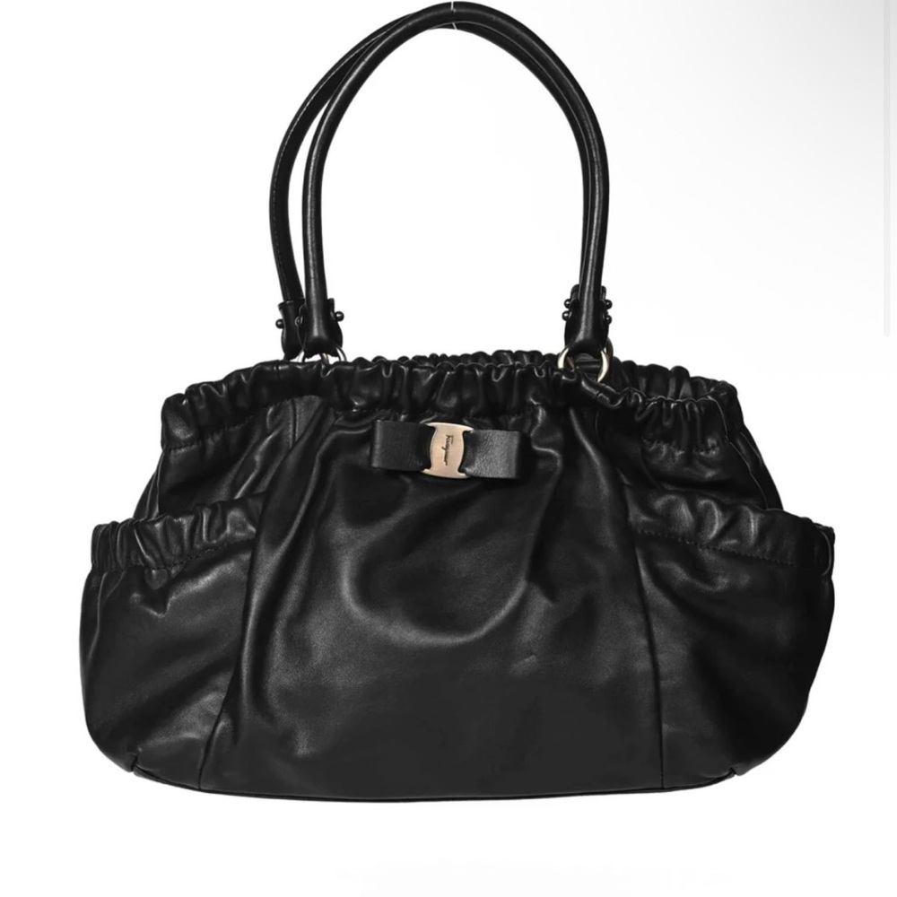 Salvatore Ferragamo Black Leather Ruched Shoulder Bag with Bow Accent